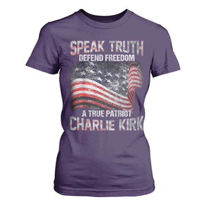 Speak Truth Defend Freedom A True Patriot Charlie Kirk T Shirt For Women Vintage American Flag TS11 Purple Print Your Wear