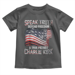 Speak Truth Defend Freedom A True Patriot Charlie Kirk Toddler T Shirt Vintage American Flag TS11 Dark Heather Print Your Wear