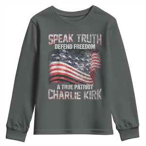 Speak Truth Defend Freedom A True Patriot Charlie Kirk Youth Sweatshirt Vintage American Flag TS11 Dark Heather Print Your Wear