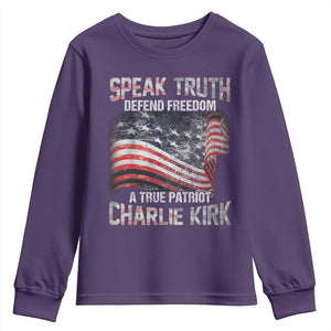 Speak Truth Defend Freedom A True Patriot Charlie Kirk Youth Sweatshirt Vintage American Flag TS11 Purple Print Your Wear