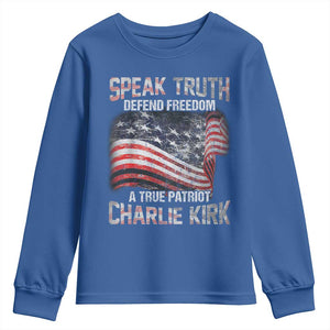 Speak Truth Defend Freedom A True Patriot Charlie Kirk Youth Sweatshirt Vintage American Flag TS11 Royal Blue Print Your Wear