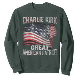 Charlie Kirk Sweatshirt Great American Patriot American Flag TS11 Dark Forest Green Print Your Wear