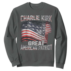 Charlie Kirk Sweatshirt Great American Patriot American Flag TS11 Dark Heather Print Your Wear
