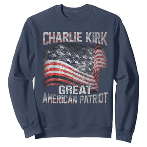 Charlie Kirk Sweatshirt Great American Patriot American Flag TS11 Navy Print Your Wear