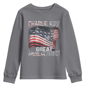 Charlie Kirk Youth Sweatshirt Great American Patriot American Flag TS11 Charcoal Print Your Wear