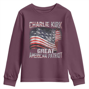 Charlie Kirk Youth Sweatshirt Great American Patriot American Flag TS11 Maroon Print Your Wear