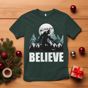 Funny Christmas Bigfoot T Shirt Believe Santa Sasquatch Snow TS11 Dark Forest Green Print Your Wear