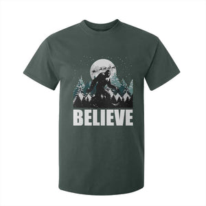 Funny Christmas Bigfoot T Shirt For Kid Believe Santa Sasquatch Snow TS11 Dark Forest Green Print Your Wear