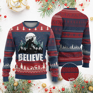 Funny Xmas Bigfoot Ugly Christmas Sweater Believe Santa Sasquatch Snow TS11 Burgundy Print Your Wear