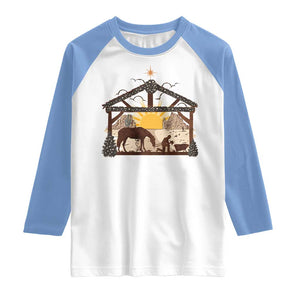 Christmas Western Raglan Shirt True Story Jesus Cowboy Nativity Scene TS11 White Carolina Blue Print Your Wear