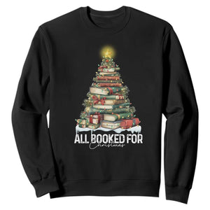 All Booked For Christmas Sweatshirt Xmas Tree Lights Book Lover - Print Your Wear
