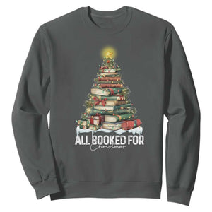 All Booked For Christmas Sweatshirt Xmas Tree Lights Book Lover - Print Your Wear