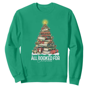 All Booked For Christmas Sweatshirt Xmas Tree Lights Book Lover - Print Your Wear