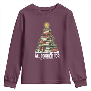 All Booked For Christmas Youth Sweatshirt Xmas Tree Lights Book Lover TS11 Maroon Print Your Wear