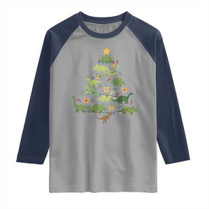 Funny Christmas Dinosaur Raglan Shirt Dino Xmas Tree Rex Paleontologist TS11 Sport Gray Navy Print Your Wear