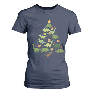 Funny Christmas Dinosaur T Shirt For Women Dino Xmas Tree Rex Paleontologist TS11 Navy Print Your Wear