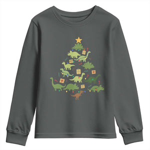 Funny Christmas Dinosaur Youth Sweatshirt Dino Xmas Tree Rex Paleontologist TS11 Dark Heather Print Your Wear