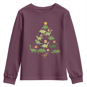 Funny Christmas Dinosaur Youth Sweatshirt Dino Xmas Tree Rex Paleontologist TS11 Maroon Print Your Wear