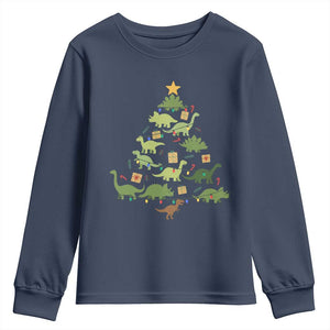 Funny Christmas Dinosaur Youth Sweatshirt Dino Xmas Tree Rex Paleontologist TS11 Navy Print Your Wear