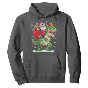 Funny Dinosaur Christmas Santa Claus Riding Dino Hoodie TS11 Dark Heather Print Your Wear
