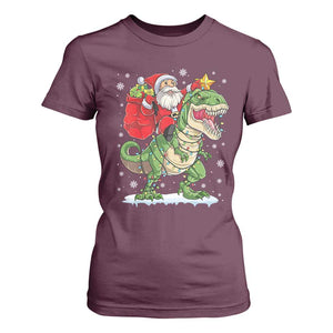 Funny Dinosaur Christmas Santa Claus Riding Dino T Shirt For Women TS11 Maroon Print Your Wear