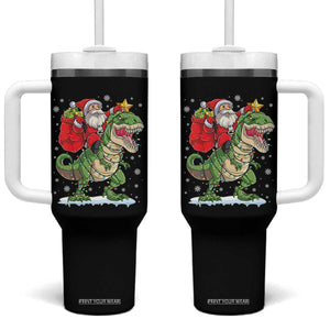Funny Dinosaur Christmas Santa Claus Riding Dino Tumbler With Handle - Print Your Wear