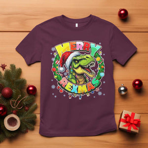 Funny Christmas Dinosaur T Shirt Merry Rexmas Dino Xmas Wreath TS11 Maroon Print Your Wear