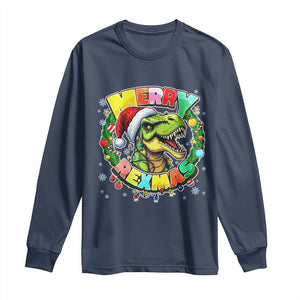 Funny Christmas Dinosaur Long Sleeve Shirt Merry Rexmas Dino Xmas Wreath TS11 Navy Print Your Wear