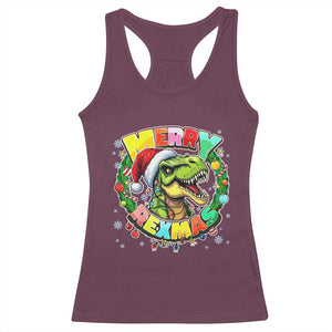 Funny Christmas Dinosaur Racerback Tank Top Merry Rexmas Dino Xmas Wreath TS11 Maroon Print Your Wear