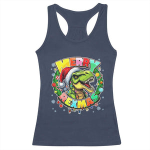 Funny Christmas Dinosaur Racerback Tank Top Merry Rexmas Dino Xmas Wreath TS11 Navy Print Your Wear