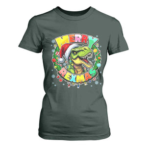 Funny Christmas Dinosaur T Shirt For Women Merry Rexmas Dino Xmas Wreath TS11 Dark Forest Green Print Your Wear