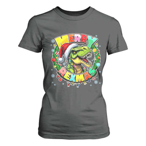 Funny Christmas Dinosaur T Shirt For Women Merry Rexmas Dino Xmas Wreath TS11 Dark Heather Print Your Wear