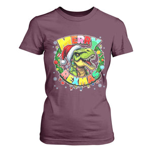 Funny Christmas Dinosaur T Shirt For Women Merry Rexmas Dino Xmas Wreath TS11 Maroon Print Your Wear