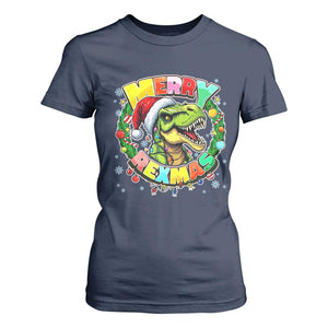 Funny Christmas Dinosaur T Shirt For Women Merry Rexmas Dino Xmas Wreath TS11 Navy Print Your Wear