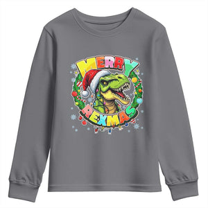 Funny Christmas Dinosaur Youth Sweatshirt Merry Rexmas Dino Xmas Wreath TS11 Charcoal Print Your Wear