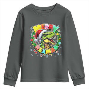 Funny Christmas Dinosaur Youth Sweatshirt Merry Rexmas Dino Xmas Wreath TS11 Dark Heather Print Your Wear