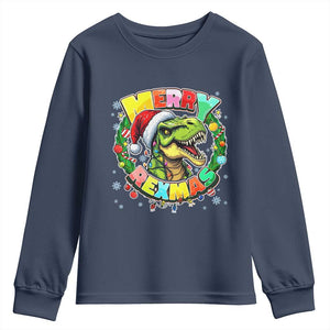 Funny Christmas Dinosaur Youth Sweatshirt Merry Rexmas Dino Xmas Wreath TS11 Navy Print Your Wear