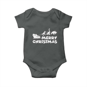 Funny Xmas Dinosaur Baby Onesie Merry Christmas Dino Santa's Sleigh TS11 Dark Heather Print Your Wear