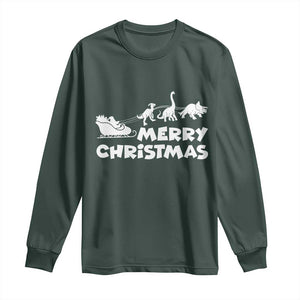 Funny Xmas Dinosaur Long Sleeve Shirt Merry Christmas Dino Santa's Sleigh TS11 Dark Forest Green Print Your Wear