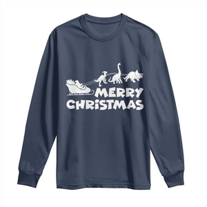 Funny Xmas Dinosaur Long Sleeve Shirt Merry Christmas Dino Santa's Sleigh TS11 Navy Print Your Wear