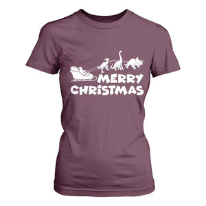 Funny Xmas Dinosaur T Shirt For Women Merry Christmas Dino Santa's Sleigh TS11 Maroon Print Your Wear