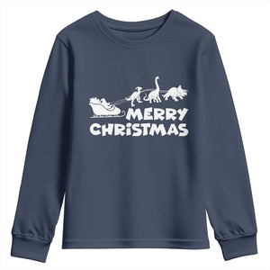 Funny Xmas Dinosaur Youth Sweatshirt Merry Christmas Dino Santa's Sleigh TS11 Navy Print Your Wear