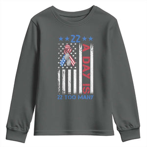 Veteran Suicide Awareness Youth Sweatshirt 22 A Day Is 22 Too Many American Flag TS11 Dark Heather Print Your Wear