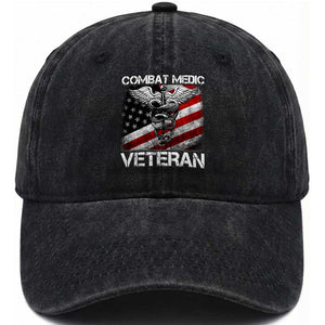 Combat Medic Veteran Washed Cotton Baseball Cap Medical Military Soldier Vintage American Flag TS11 Washed Cap Universal Fit Black Print Your Wear