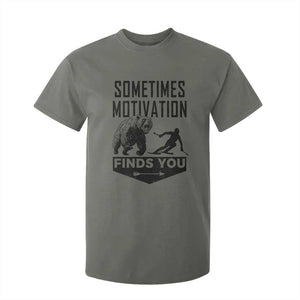 Funny Skiing T Shirt For Kid Sometimes Motivation Finds You Ski Mountain Bear TS11 Military Green Print Your Wear