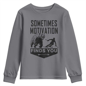 Funny Skiing Youth Sweatshirt Sometimes Motivation Finds You Ski Mountain Bear TS11 Charcoal Print Your Wear