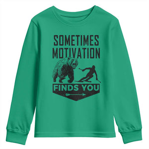 Funny Skiing Youth Sweatshirt Sometimes Motivation Finds You Ski Mountain Bear TS11 Irish Green Print Your Wear