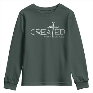 Created With A Purpose Youth Sweatshirt Christian Faith Cross TS11 Dark Forest Green Print Your Wear