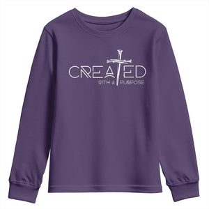 Created With A Purpose Youth Sweatshirt Christian Faith Cross TS11 Purple Print Your Wear