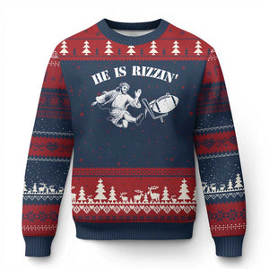 Funny Jesus American Football He Is Rizzin' Meme Ugly Christmas Sweater TS11 Navy Red Print Your Wear